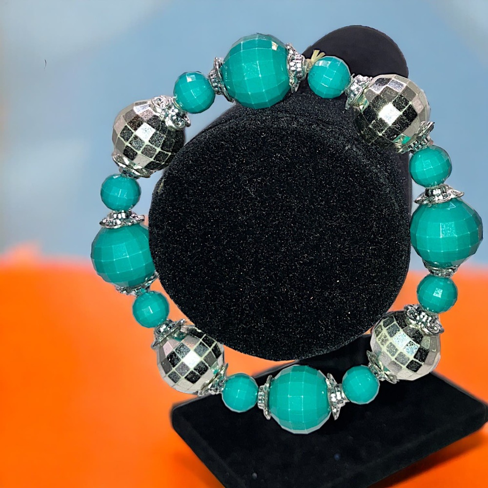 Turquoise Disco Balls Beaded 3 1/8 Inch Around Bracelet!